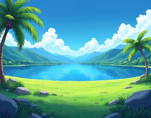 Vibrant cartoon landscape features blue lake and green meadow with palm trees. Mountains rise beyond the treeline under a bright sky with fluffy clouds. Peaceful nature scene.