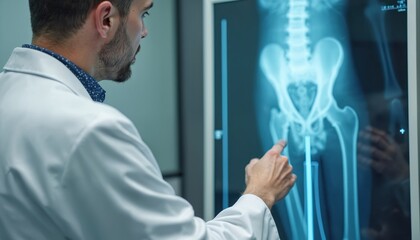 Male doctor in white lab coat examines detailed X-ray on large digital screen. Points to hip area, discussing patient condition. Physician analyzes human bone anatomy for diagnosis treatment plan in