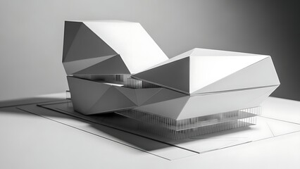Abstract monochrome architectural model showcasing an innovative geometric building design with sharp angles and clean lines, representing modern urban development