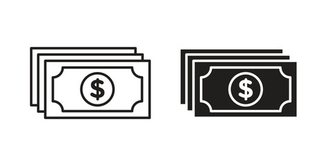 Cash icons, vector design. Silhouette and stroke icon collection