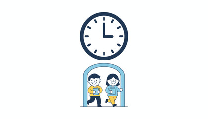 A visual of a clock illustrating the importance of punctuality with students entering the classroom with smiles and books in hand.
