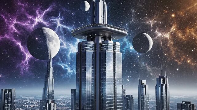 Futuristic Metropolis Skycraper Under a Vibrant Cosmic Nebula Sky With Two Moons and Distant Stars Casting Dramatic Light on the Cityscape