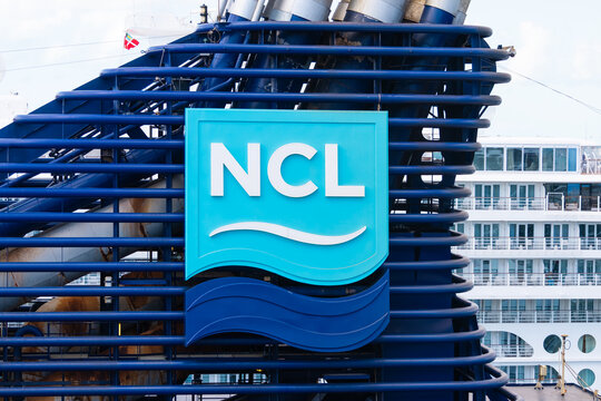 Close up sign of Norwegian Cruise liner docked at Nassau, Bahamas Cruise port