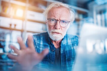 Mature professional in a stylish office, soft ambient lighting, presenting online with gestures, laptop open, framed by bookshelves, atmosphere of collaboration and learning