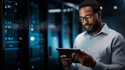 Engineer using tablet, data center deployment, server virtualization updates, configuring equipment software, IT worker reviewing, hardware analytics ensuring, reliable network ope