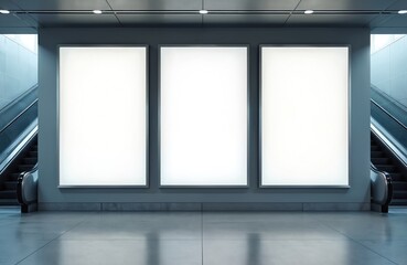 Three blank posters at subway station with escalator stairs. Vertical advertising billboard mockup in metro public transport. Empty frame for commercial. Modern urban indoor space. Place for
