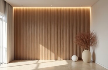Minimalist interior wall mockup featuring vertical wood stripes panel against beige marble floor, white ceiling. Warm lighting highlights textured design of wooden backdrop. Scene represents