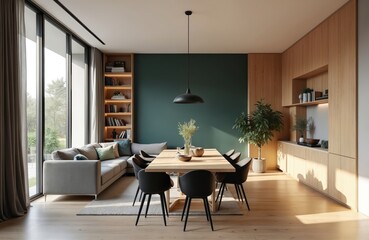 Spacious modern living room with dining area. Large windows provide natural light, illuminating a sofa, bookshelf, wooden table and chairs. Green accent wall adds a sophisticated touch.