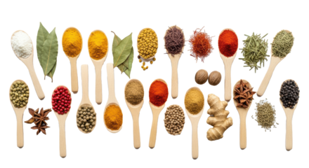 Twenty-six small wooden spoons filled with diverse vibrant spices and herbs, precisely arranged on a transparent background, top-down. Culinary diversity and natural beauty concept