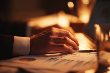 Close-up of a businessman's hand on a glossy laptop, surrounded by strategic documents, with warm lighting highlighting a determined, professional mood