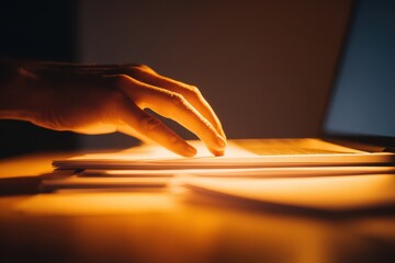 Close-up of a businessman's hand on a glossy laptop, surrounded by strategic documents, with warm lighting highlighting a determined, professional mood