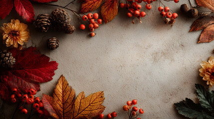 Frame of colorful red and yellow autumn leaves with cones and rowan berries on trendy beige background. First day of school, back to school, fall concept