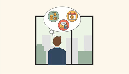 A young professional in an office gazing out the window with a thought bubble containing images of student loan reminders illustrating postgraduation financial realities.