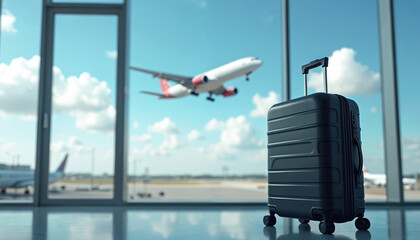 Black modern travel suitcase stands inside airport terminal building. Large airplane takes off from runway under clear blue sky with fluffy white clouds. Travel bag waits for next flight at departure