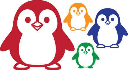 Colorful stylized penguin family icons representing diversity and togetherness in a simple graphic design on transparent background