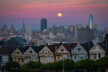 Moonrise over San Francisco City Skyline, Alamo Square, California