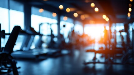 Fitness gym with exercise equipment silhouettes and dynamic lighting