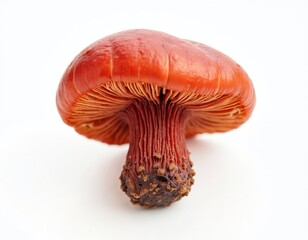 Red reishi mushroom, also known as Lingzhi, isolated on clean white background. Clearly shows textured cap, detailed gills, rough stem base. Powerful traditional Chinese medicinal fungi used for