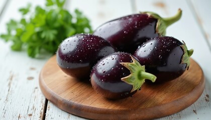 Shiny purple eggplants with droplets arranged on wood plate. Raw aubergines with parsley garnish lie on white wooden table. Veggies for diet, vegan, vegetarian food. Close up shot.