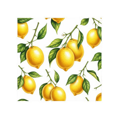 Obraz premium Bright yellow ripe lemons, green leaves, and thorny branches forming a hyper-realistic watercolor seamless repeating pattern on a transparent background with no shadows, refreshing citrus abundance