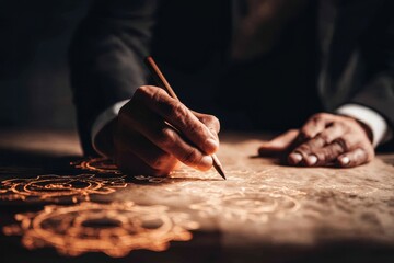 A close-up of a businessman's hand, elegantly dressed, drawing a gear on a textured paper, warm ambient lighting creating an inspiring mood of ambition