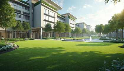 Exterior view modern office complex with big green lawn. Campus buildings provide serene setting with water feature, trees, flowers. Eco friendly commercial property business success.