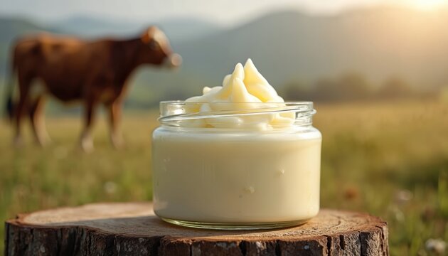 Creamy white beef tallow in glass jar on rustic wood slice. Cow grazes in blurred background pasture with rolling hills. Natural fat product for cooking, baking, or skincare in farm setting.