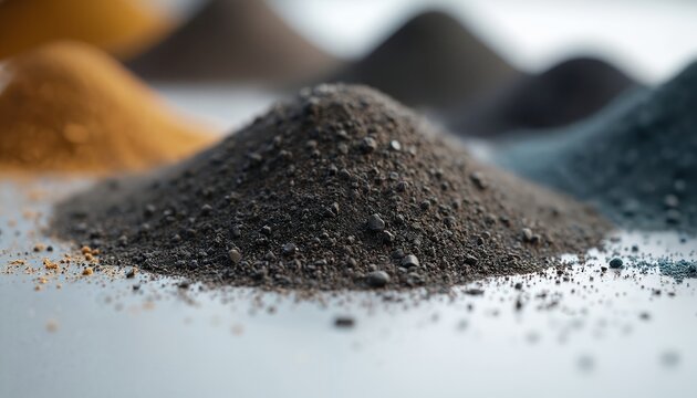 Piles of abrasive blasting media in various colors, textures. Closeup view of granular materials used for surface treatment, cleaning industrial parts. Different shot peening media samples arranged