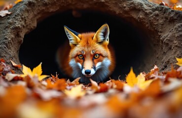Naklejka premium Red fox peeks from dark den. Wild animal in burrow. Many vibrant autumn leaves surround animal. Face alert, eyes bright, showing forest nature habitat in fall season. Cute furry mammal.