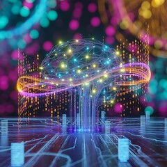 Neural network 3D illustration. Big data and cybersecurity. Data stream. Global database and artificial intelligence. Bright, colorful background with bokeh effect