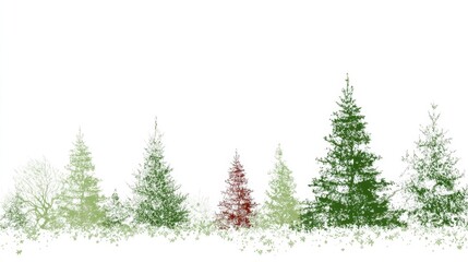 Fototapeta premium A scenic view of various evergreen trees in shades of green and red set against a white background. The trees create a festive atmosphere perfect for the winter season.