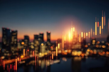 Double exposure of a luminous forex candlestick chart and a bustling urban landscape at twilight, with sharp contrasts and dynamic lighting, creating an atmosphere of high-stakes investment
