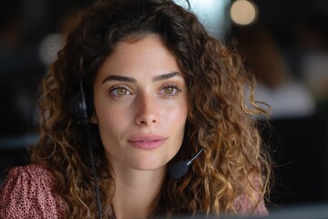 Confident young businesswoman in a modern office, wearing sleek headphones, illuminated by soft natural light, engaging in a video call with clients, focused expression