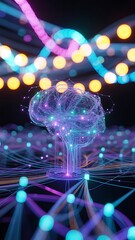 Neural network 3D illustration. Big data and cybersecurity. Data stream. Global database and artificial intelligence. Bright, colorful background with bokeh effect