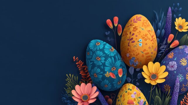 Four beautifully designed Easter eggs with floral patterns sit among vibrant flowers. The scene captures the essence of spring and celebration in a creative display. - Powered by Adobe