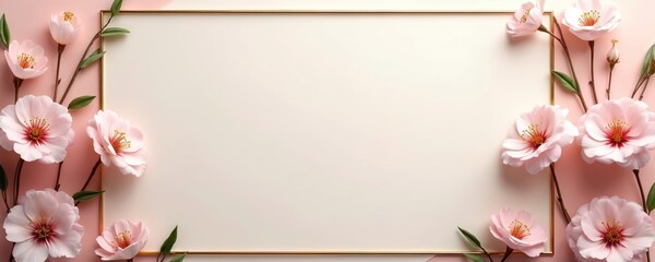 Elegant gold frame surrounds blank cream space. Delicate pink flowers, green leaves bloom at edges, creating charming decorative border. Design perfect for wedding invites, greeting cards, spring