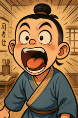 Surprised young scholar with mouth wide open, eyes wide, and hair in a bun, expressing shock in traditional clothing in a school setting.