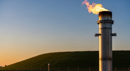 Methane flare stack burning excess gas at a landfill site during golden hour for waste management and greenhouse gas reduction concept