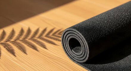 Rolled recycled black rubber yoga mat on wooden floor with fern shadow for eco-friendly fitness and sustainable living concept in natural light