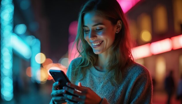 Young woman smiles looking at phone screen. Uses mobile phone in bright colorful bokeh light city street at night. Happy female person enjoys modern tech device, social media apps in urban setting. - Powered by Adobe