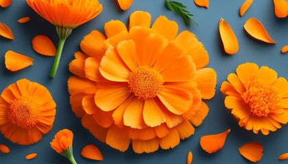 Vibrant Orange Marigold Flowers And Petals A Beautiful Arrangement Of Bright Marigold Blossoms And Delicate Petals