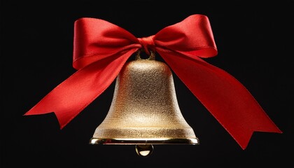 Radiant Golden Christmas Bell With Red Ribbon Bow Isolated On Black Background