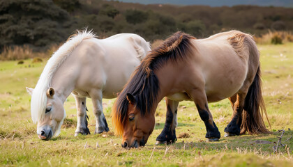 Grazing Pair of Eriskay Ponies in Scotland