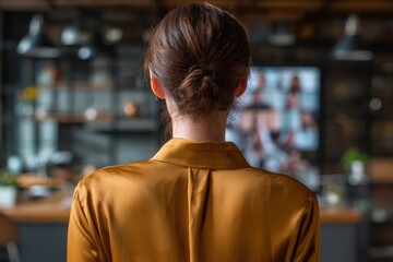 A businesswoman's back view in a stylish home workspace, leading a virtual meeting with colleagues displayed on the laptop screen. Bright, ambient lighting enhances the professional yet inviting envir