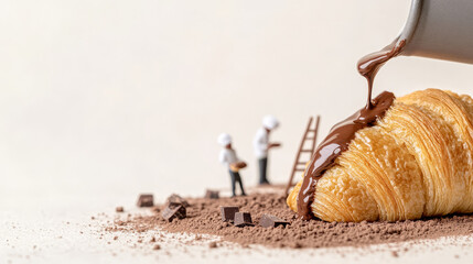 A group of tiny bakers adds chocolate and toppings to a freshly baked croissant, capturing the joy of baking in an imaginative kitchen