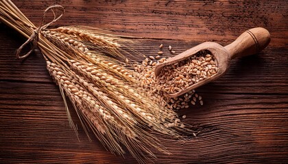 Wheat Stalks And Grains In A Wooden Scoop On A Rustic Wooden Surface