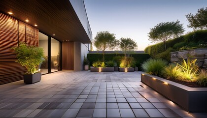 Modern Outdoor Space Featuring Sleek Gray Tiles And Warm Linear Lighting Potted Greenery Adds A Touch Of Nature A Simple Yet Stylish Aesthetic