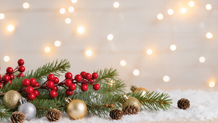 Christmas decorations with pine branches, red berries, ornaments, and pinecones on snow, against a bokeh light background