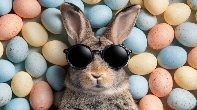 A rabbit with sunglasses lies among pastel colored Easter eggs in varied shades. This scene captures a fun whimsical moment during spring festivities perfect for celebrating Easter joy.