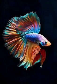 Rainbow Betta Fish Swimming on Black Background